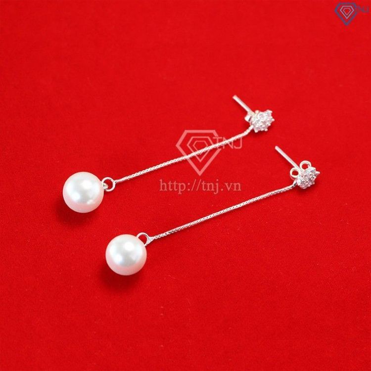No. 8 - Bông Tai Bạc Nữ Dài Đính Ngọc Trai Sang Trọng BTN0076 - 2