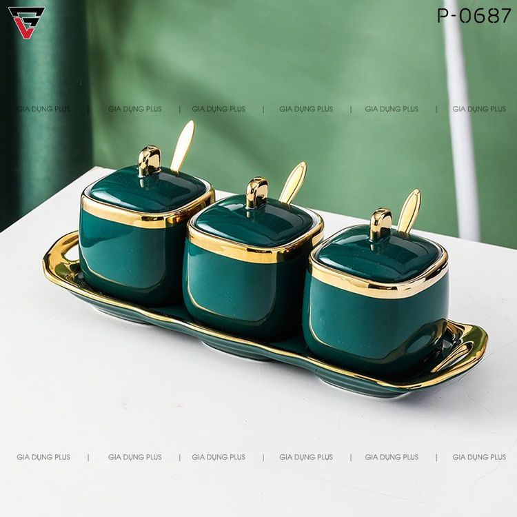 No. 8 - OEM Set 3 Hũ Gia Vị Xanh Viền Vàng - 2