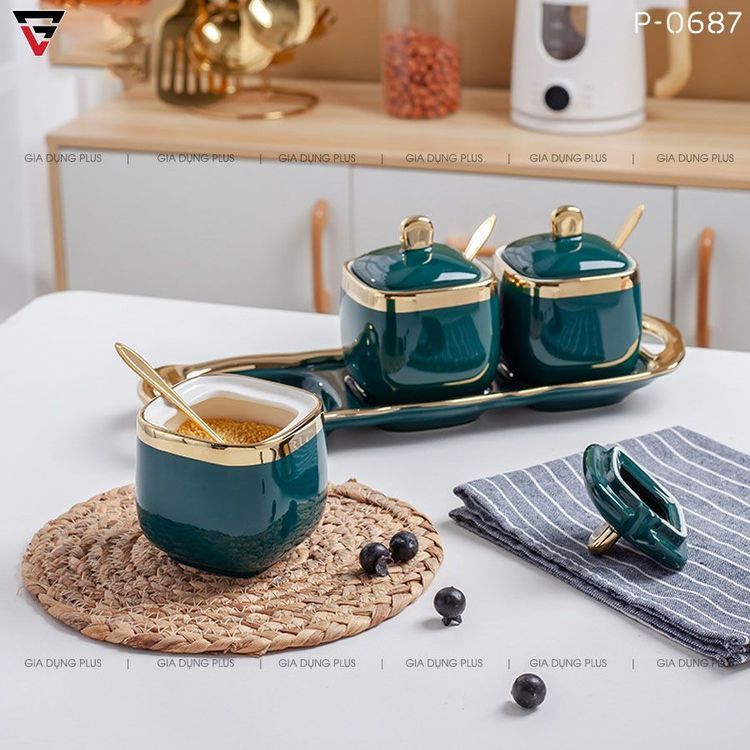 No. 8 - OEM Set 3 Hũ Gia Vị Xanh Viền Vàng - 4