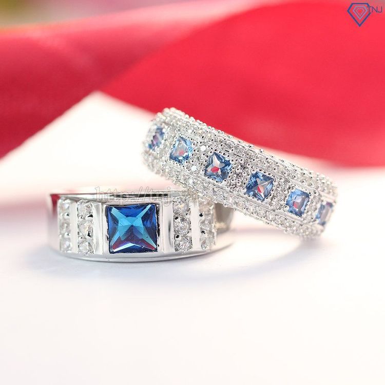 No. 7 - Nhẫn Bạc Đôi Khắc Tên Đính Đá Topaz Xanh Dương TNJND0281 - 1