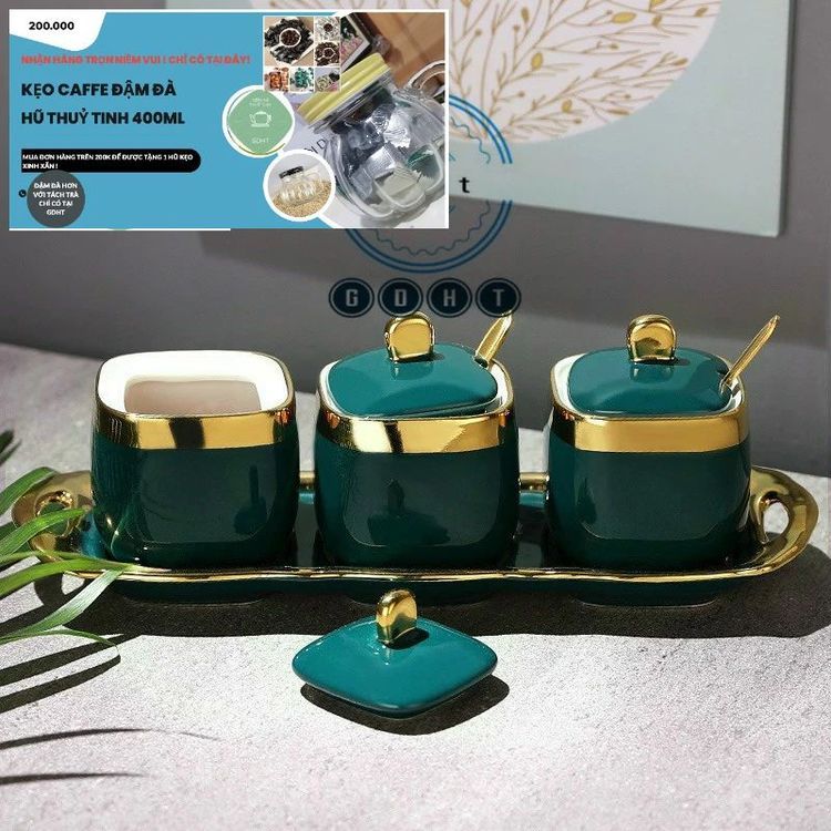No. 8 - OEM Set 3 Hũ Gia Vị Xanh Viền Vàng - 1